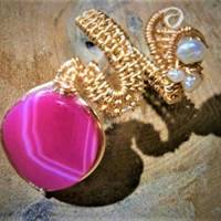 Ring handgewebt mit pink Achat Scheibe 17 mm rosa Spiralring verstellbar goldfarben Bild 6