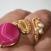 Ring handgewebt mit pink Achat Scheibe 17 mm rosa Spiralring verstellbar goldfarben Bild 7