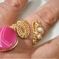 Ring handgewebt mit pink Achat Scheibe 17 mm rosa Spiralring verstellbar goldfarben Bild 8