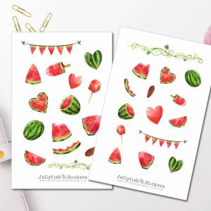 Wassermelone Sticker Set | Essen und Trinken Aufkleber | Journal Sticker | Planer Sticker, Sticker Sommer, Früchte, Obst Bild 1