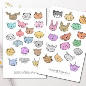 Tierköpfe Sticker Set- Aufkleber Tiere, Belohnungssticker, Sticker für Kinder, süße Sticker, Kindergarten, Katze, Panda, Bild 1