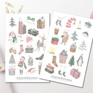Weihnachten Mädchen und Tiere Sticker Set | Journal Sticker | Planer Sticker, Aufkleber Weihnachten, Feiertage, Winter, Bild 1