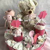 Windeltorte Teddybär Bär rosa mit Name ..  auch in blau und grau erhältlich Bild 2