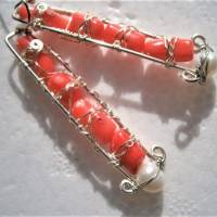 Ohrringe rote Koralle und Perle weiß als wirework Drahtschmuck silberfarben boho chic Strandhochzeit Bild 3
