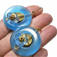 Blaue Ohrringe Katzenauge Scheibe schimmernd mit Glasblüte Hippy boho Geburtstagsgeschenk Bild 2