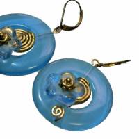 Blaue Ohrringe Katzenauge Scheibe schimmernd mit Glasblüte Hippy boho Geburtstagsgeschenk Bild 3