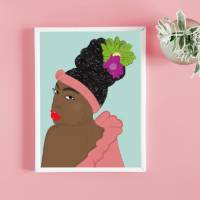 Wandbild  "Black is beautiful" Kunstdruck A4  Bild Poster | Badezimmer Art | Frau mit Blumen | Frauenpower| Blac Bild 1