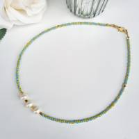 bunte Perlenkette, Halsschmuck mit echten Perlen, Süßwasserperlenkette, Kette türkis, Kette gelb Bild 1