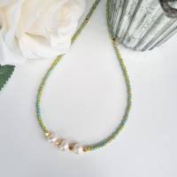 bunte Perlenkette, Halsschmuck mit echten Perlen, Süßwasserperlenkette, Kette türkis, Kette gelb Bild 10