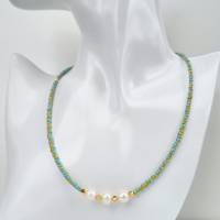 bunte Perlenkette, Halsschmuck mit echten Perlen, Süßwasserperlenkette, Kette türkis, Kette gelb Bild 2