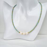 bunte Perlenkette, Halsschmuck mit echten Perlen, Süßwasserperlenkette, Kette türkis, Kette gelb Bild 3