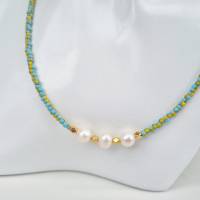 bunte Perlenkette, Halsschmuck mit echten Perlen, Süßwasserperlenkette, Kette türkis, Kette gelb Bild 4
