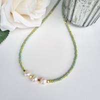 bunte Perlenkette, Halsschmuck mit echten Perlen, Süßwasserperlenkette, Kette türkis, Kette gelb Bild 5