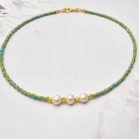 bunte Perlenkette, Halsschmuck mit echten Perlen, Süßwasserperlenkette, Kette türkis, Kette gelb Bild 6