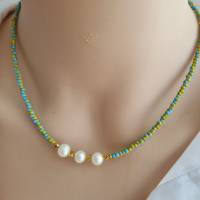 bunte Perlenkette, Halsschmuck mit echten Perlen, Süßwasserperlenkette, Kette türkis, Kette gelb Bild 7