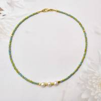bunte Perlenkette, Halsschmuck mit echten Perlen, Süßwasserperlenkette, Kette türkis, Kette gelb Bild 8