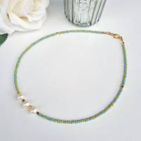 bunte Perlenkette, Halsschmuck mit echten Perlen, Süßwasserperlenkette, Kette türkis, Kette gelb Bild 9