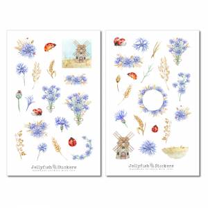 Weizen und Kornblumen Sticker Set - Journal Sticker, Planer Sticker, Marienkäfer, Natur, Feld, Frühling, Sommer, Pflanze Bild 2