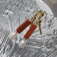 Ohrringe Perlen weiß mit funkelndem Goldfluss Stick Doublé handgemacht Bild 5