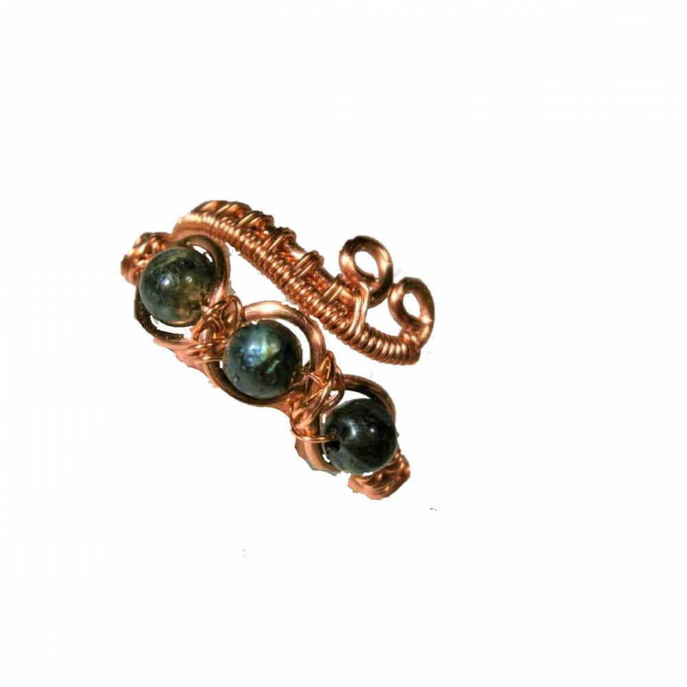Ring handgemacht mit Labradorit khaki grün im Spiralring Kupfer rosegoldfarben wirework Daumenring Bild 1