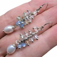 Ohrringe handgemacht Edelstein Mix pastell um weiße Perle als Traube aus Amethyst Citrin Rosenquarz Blautopas Bild 2