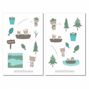 Bär Angeln Sticker Set | Niedliche Aufkleber | Journal Sticker | Planersticker | Sticker Tiere, Fische, See, Teich, Wald Bild 2