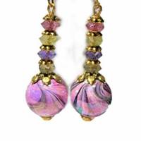 Ohrringe lila rosa marmoriert funkelnd violett grün handgemacht goldfarben Bild 2