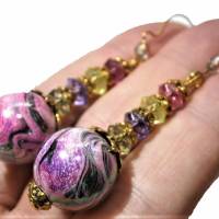 Ohrringe lila rosa marmoriert funkelnd violett grün handgemacht goldfarben Bild 3