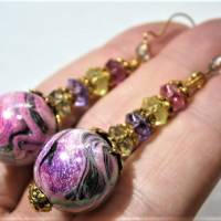 Ohrringe lila rosa marmoriert funkelnd violett grün handgemacht goldfarben Bild 8