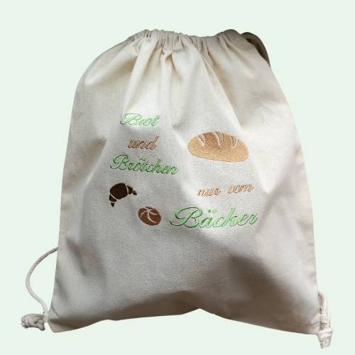 Baumwoll-Rucksack zum Brötchen holen, Brötchen-Tasche mit einem kreativen Spruch bestick, Baumwolle, Größe ca.38 x40 cm