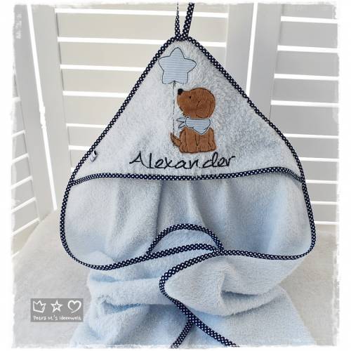 Kapuzenhandtuch hellblau, Doodlestickerei Hund mit Ballon und Wunschname