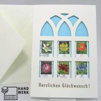 Klappkarte mit Umschlag Herzlichen Glückwunsch, Briefmarke Blüten Buschwindröschen, upcycling Bild 1