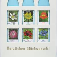 Klappkarte mit Umschlag Herzlichen Glückwunsch, Briefmarke Blüten Buschwindröschen, upcycling Bild 3