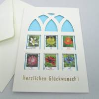 Klappkarte mit Umschlag Herzlichen Glückwunsch, Briefmarke Blüten Buschwindröschen, upcycling Bild 6