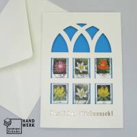 Klappkarte inkl. Umschlag, Briefmarke Blüten Flockenblume, upcycling, Herzlichen Glückwunsch Bild 1
