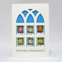 Klappkarte inkl. Umschlag, Briefmarke Blüten Flockenblume, upcycling, Herzlichen Glückwunsch Bild 2