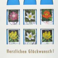 Klappkarte inkl. Umschlag, Briefmarke Blüten Flockenblume, upcycling, Herzlichen Glückwunsch Bild 3