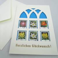 Klappkarte inkl. Umschlag, Briefmarke Blüten Flockenblume, upcycling, Herzlichen Glückwunsch Bild 6