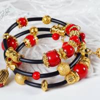 Memory Wire Edelsteinarmband für Damen, rot schwarz golden Korall Achat Bild 1