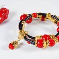 Memory Wire Edelsteinarmband für Damen, rot schwarz golden Korall Achat Bild 5