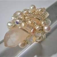 Ring pastell Kristallspitze rosa verstellbar handgemacht boho chic mit Perlen Bild 2