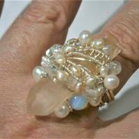Ring pastell Kristallspitze rosa verstellbar handgemacht boho chic mit Perlen Bild 8