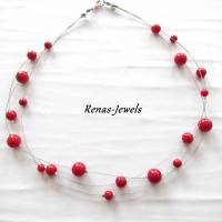 Perlen Kette kurz dreireihig synthetische Koralle Perlen rot Perlenkette Bild 3