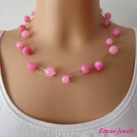 Edelsteinkette Achat Perlen Edelstein und Jade Perlen synthetisch rosa pink silberfarben zweireihig Perlenkette Bild 4
