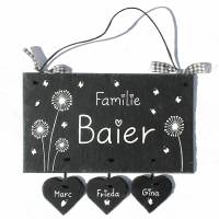 Türschild Familie Schiefer Pusteblume mit Herzanhängern handbemalt, Schieferschild personalisiert, Haustürschild Bild 1