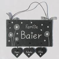 Türschild Familie Schiefer Pusteblume mit Herzanhängern handbemalt, Schieferschild personalisiert, Haustürschild Bild 2