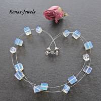 Glaskette zweireihig Opalglas Perlen Würfel Würfelkette Opalglaskette Glasperlen Kette milchig weiß silberfarben Bild 4