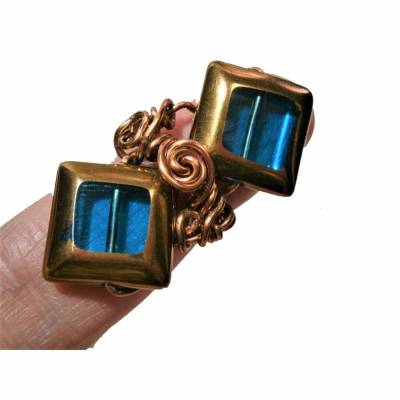 Ring blau rosegoldfarben kupfer Raute in Größe 57 mit 16 Millimeter Innendurchmesser handgemacht Drahtschmuck