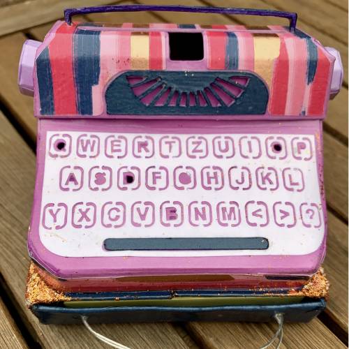 Zum Ruhestand: Typewriter Box Schreibmaschine Pink-Blau  mit Post-it-Block -  Sekretärinnen Abschiedsgeschenk