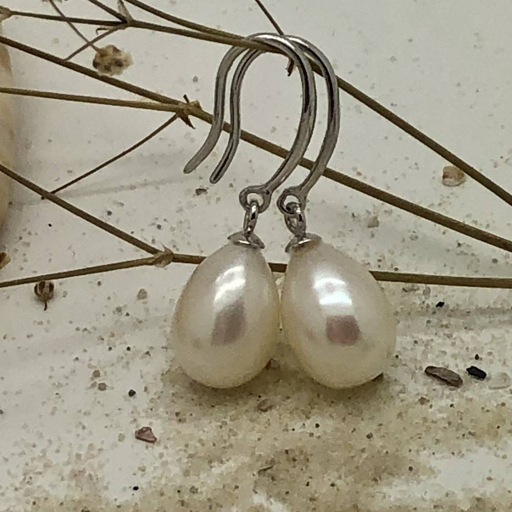 Perlenohrringe als Brautschmuck, echte Perlen, große Süsswasserperlen Tropfen 8 x 11 mm, Sterling Silber Bild 1